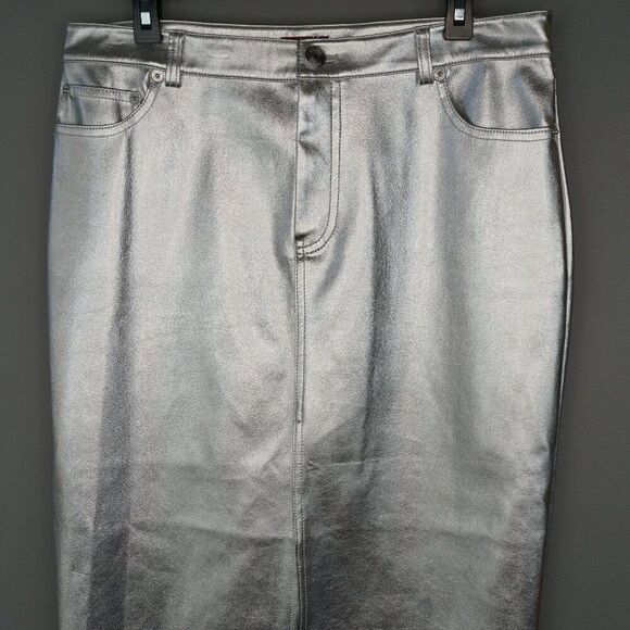 New Staud Oaklyn Faux Leather Midi Skirt in Silver Metallic size 12 - Picture 3 of 12